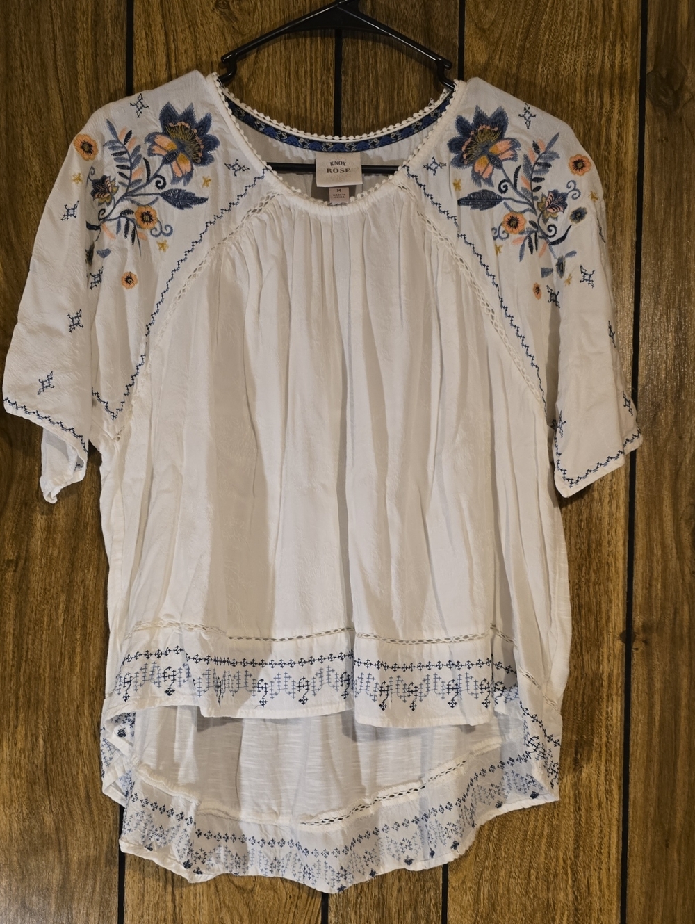 Knox Rose White Boho Tunic with Blue & Yellow Floral Embroidery